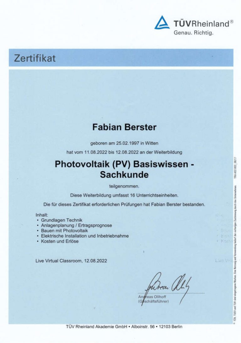 Zertifikat Photovoltaik