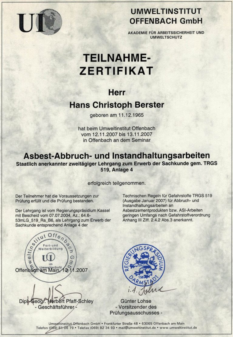 Zertifikat Umweltinstitut Offenbach GmbH